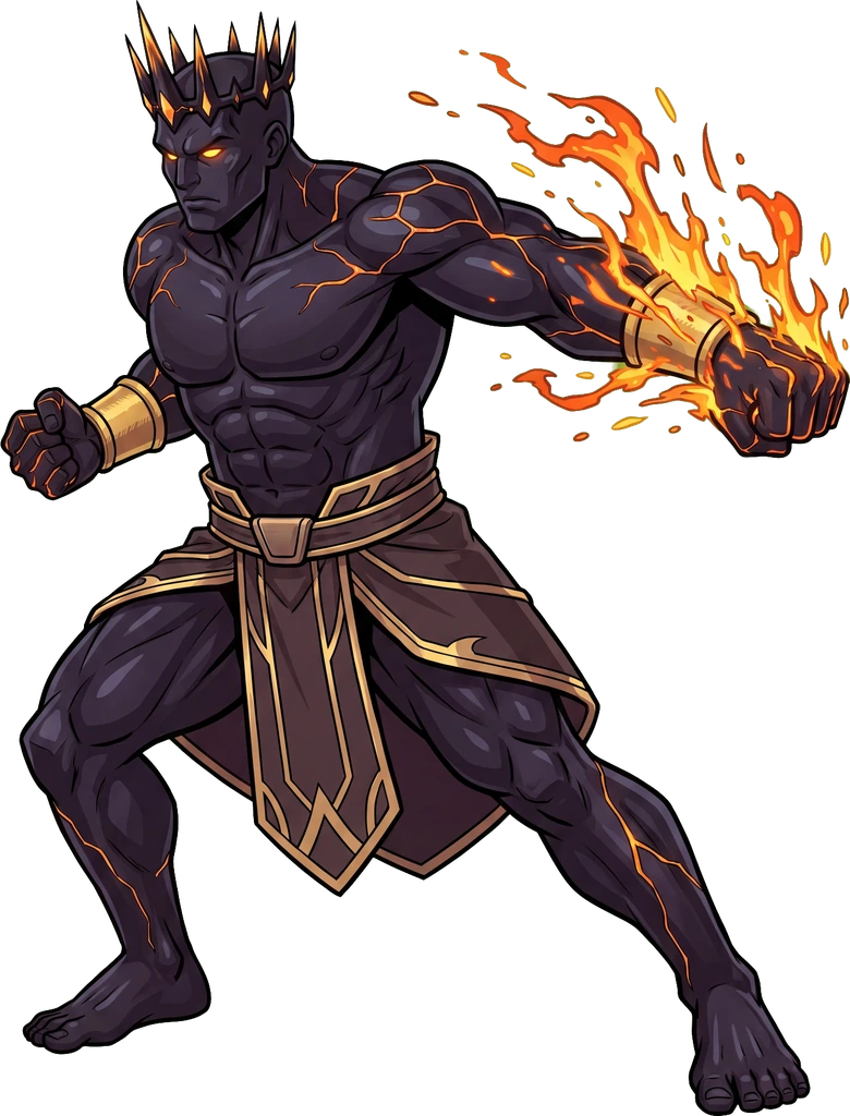 EMBRYS, king of Ember Forge standing on his floating realm