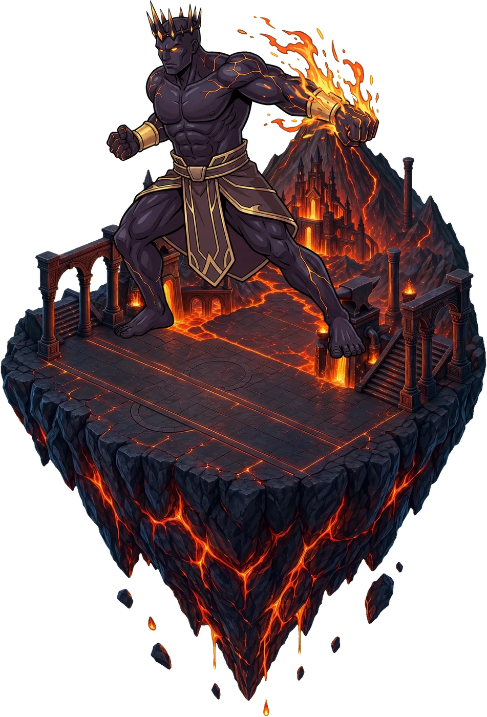 EMBRYS, king of Ember Forge standing on his floating realm