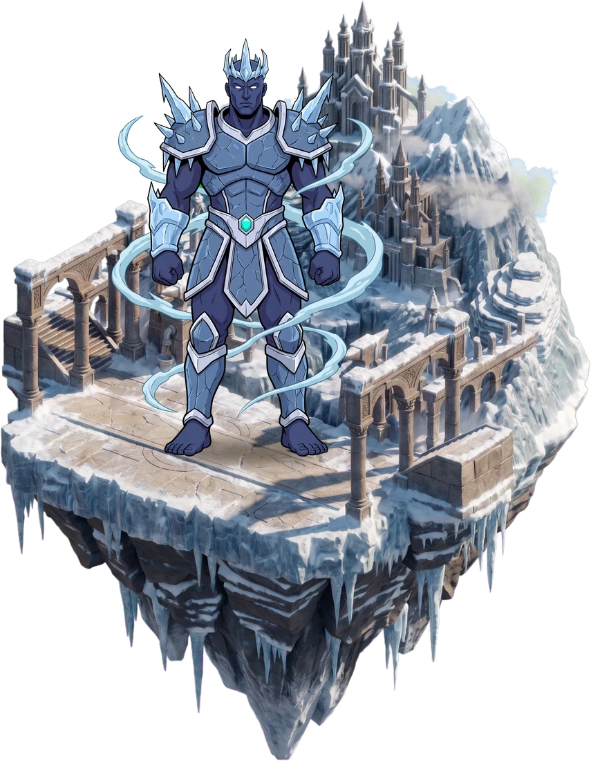NEVAR, king of Frozen Sanctum standing on his floating realm