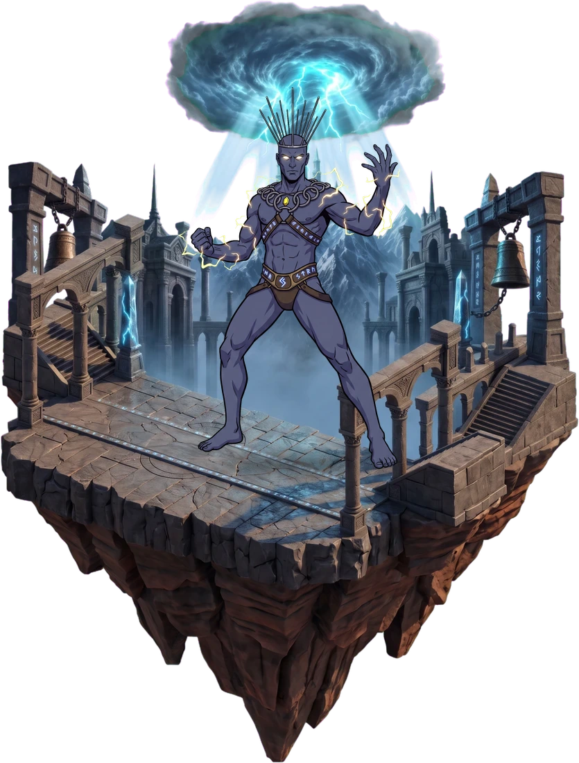 FULGOR, king of Storm Peak standing on his floating realm