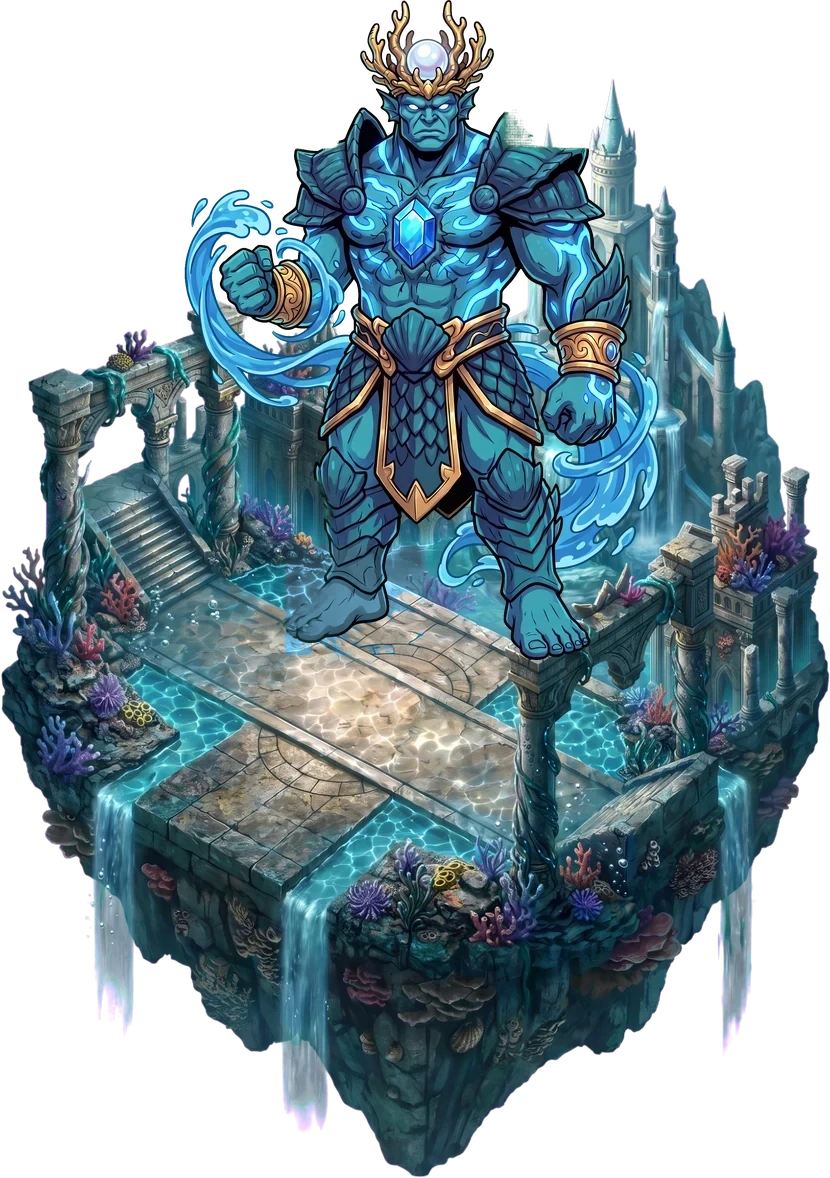 MORVAN, king of Deep Tide standing on his floating realm