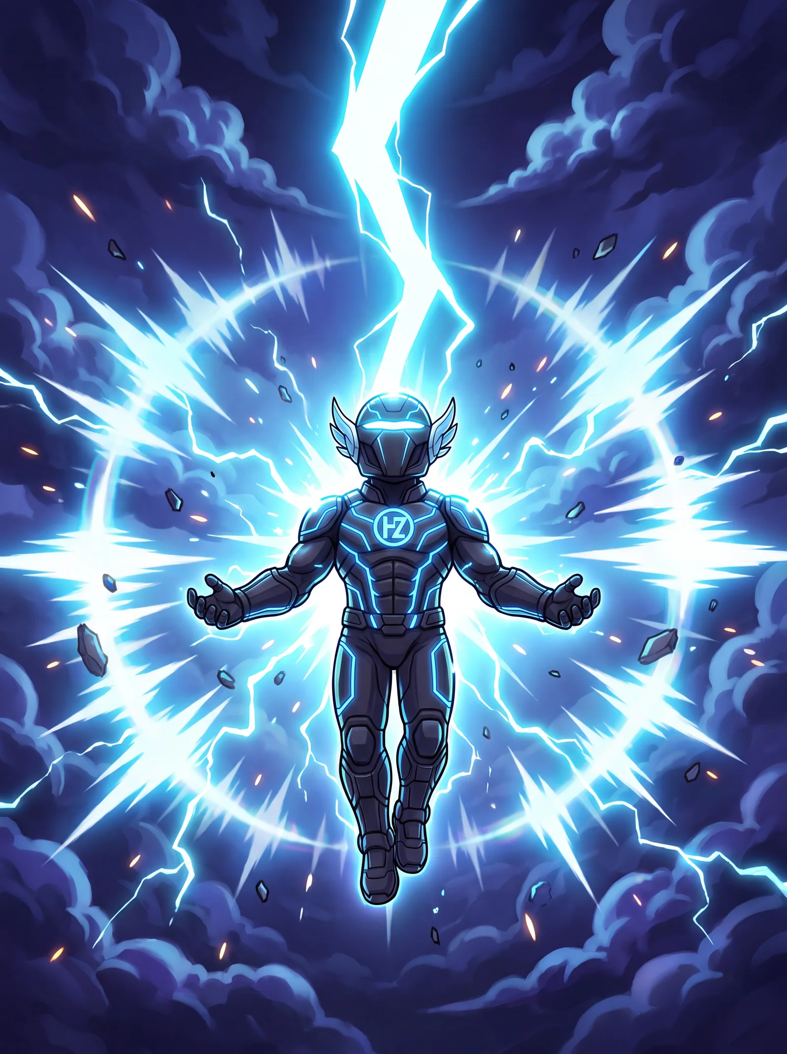 The sky bolt strikes — the suit transforms