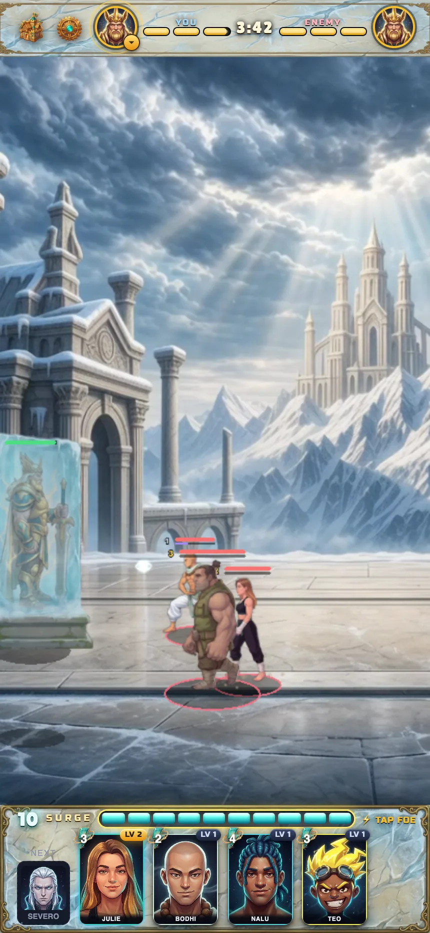 A live match in the first arena, the enemy king still frozen in his ice block