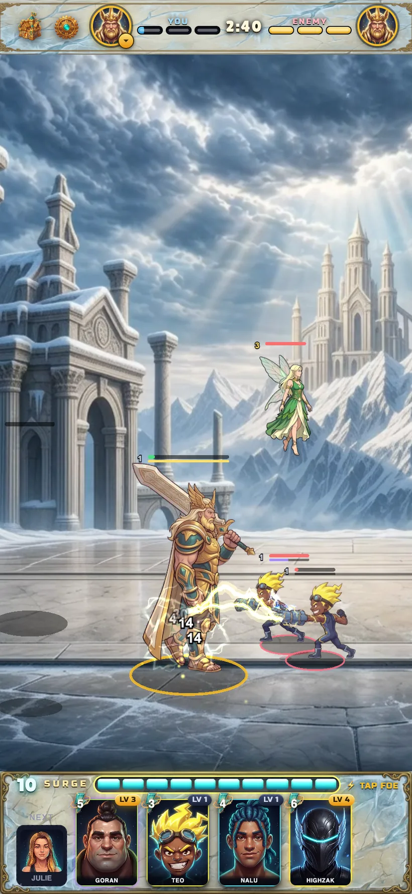 Champions deployed and fighting in the arena