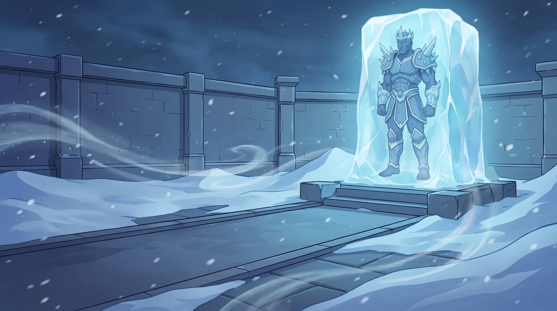Illustration: the ice king sealed inside a towering block of ice at the end of the lane