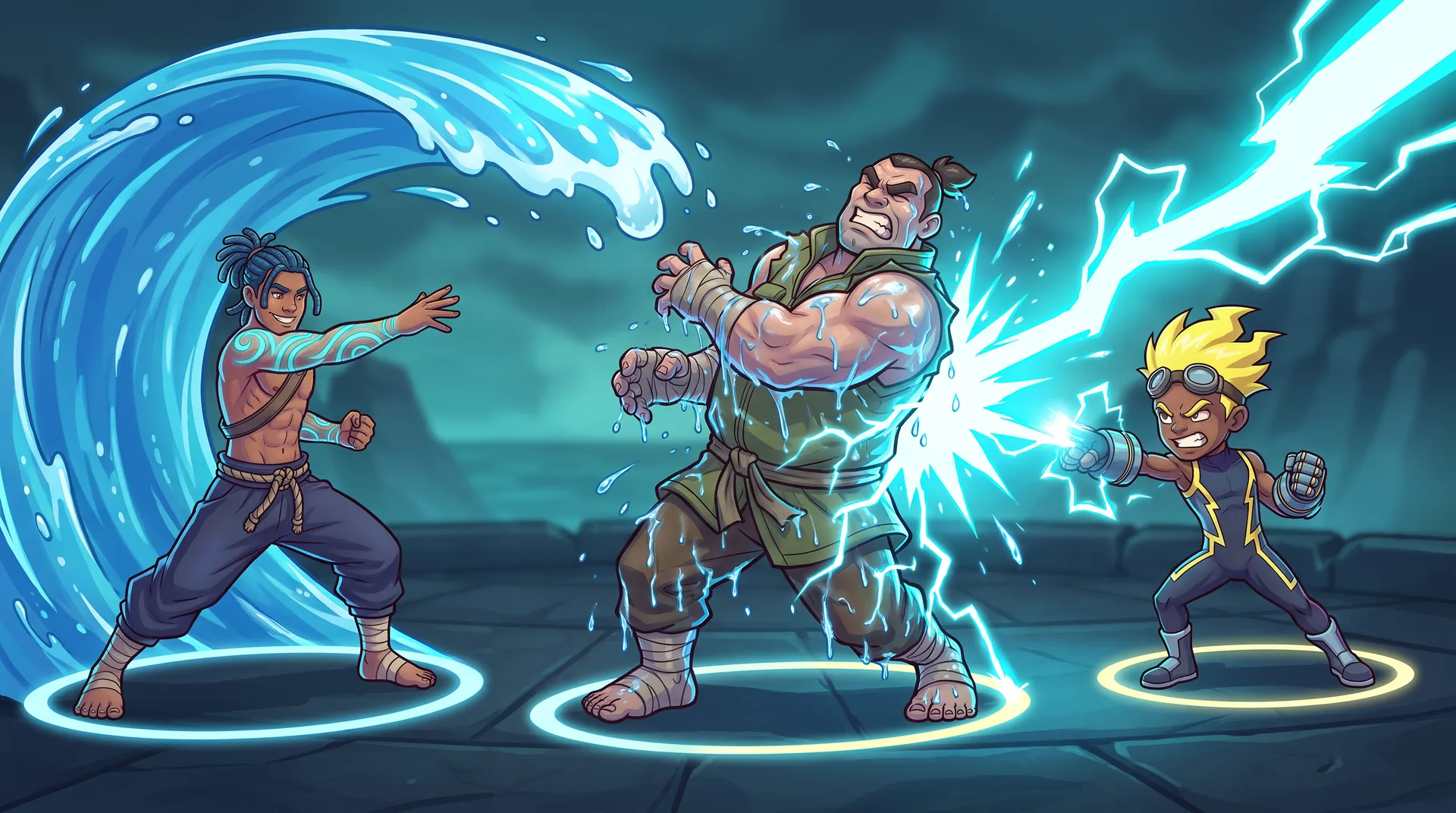 Illustration: NALU soaks GORAN with a wave of water, then TEO's lightning conducts through the water on his body