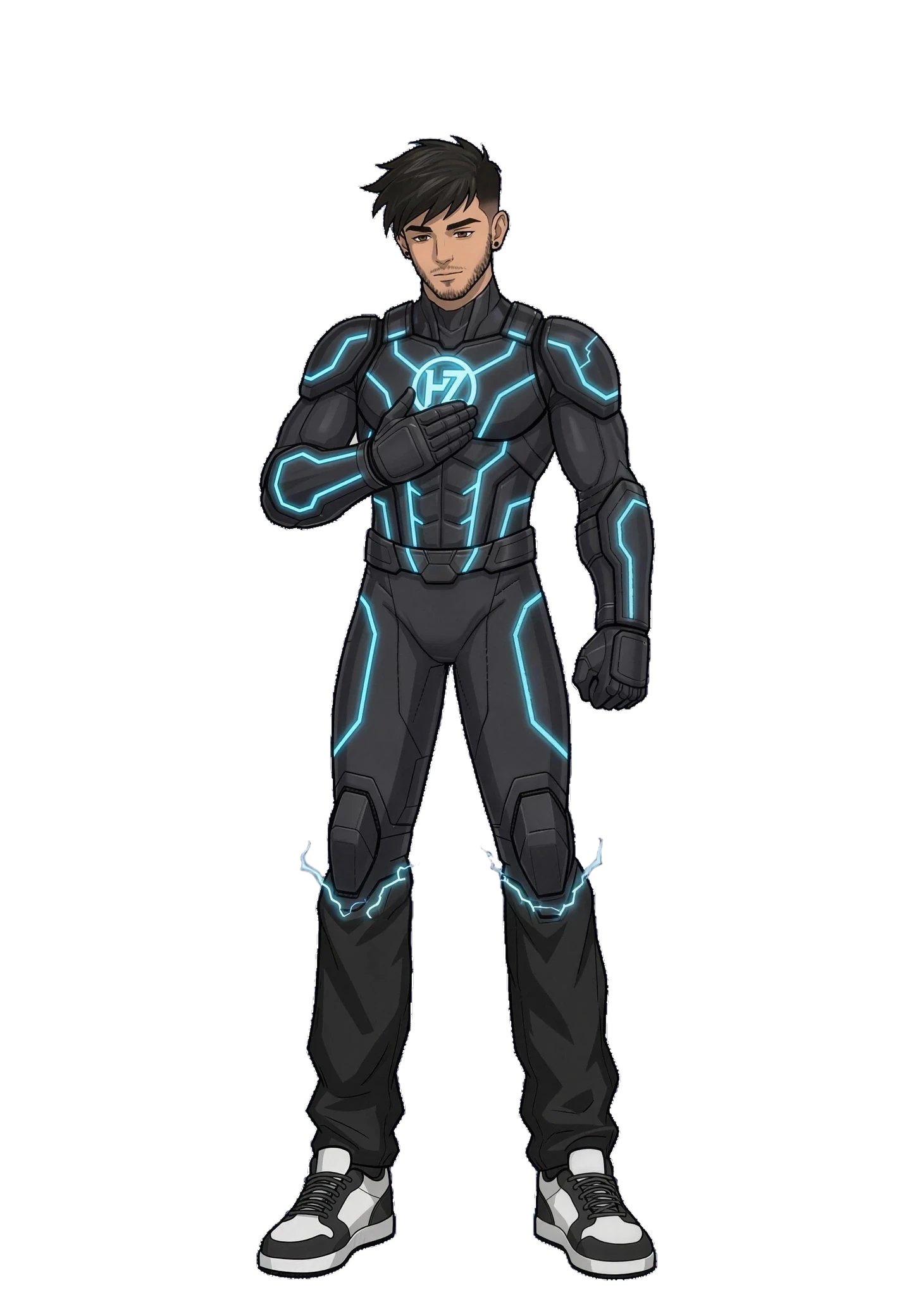 The suit covers his body and arms